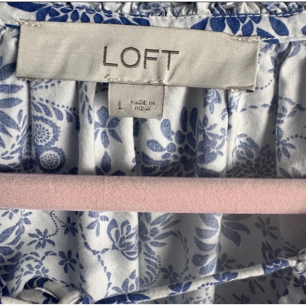 LOFT Women Blue White Floral Peasant Blouse Tie Neck Balloon Sleeve Large - Picture 7 of 8
